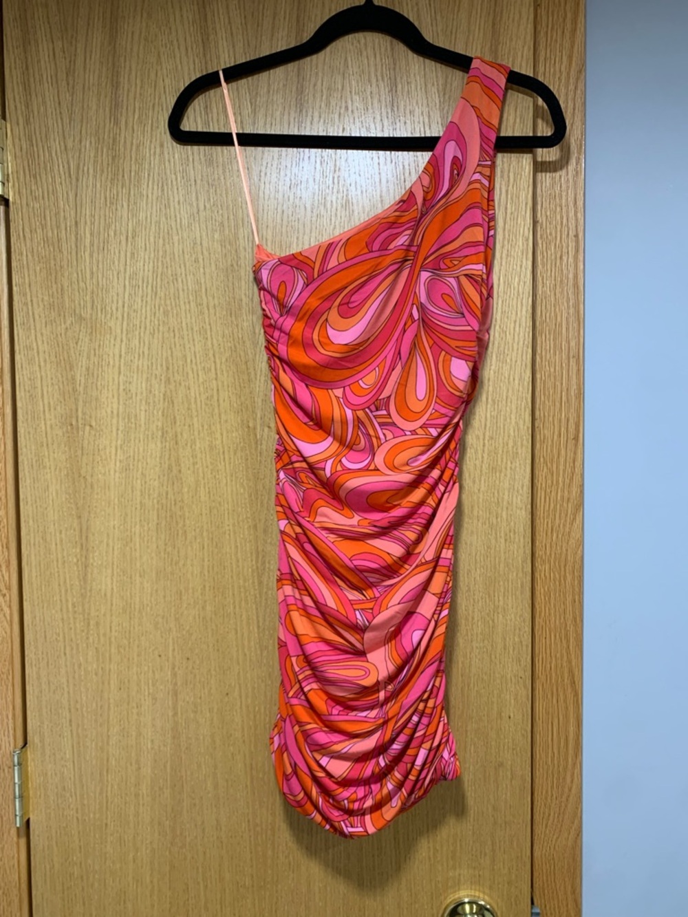 Olivaceous Retro Print One-Shoulder Bodycon Mini Dress - Size Small - Picture 2 of 4